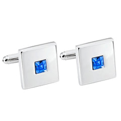 Urban Jewelry Stainless Steel Silver Color Square Cufflinks with Blue Cubic Zirconia Stone