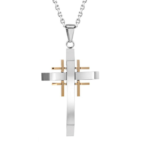 Urban Jewelry Mens Polished 2-Tone Stainless Steel Cross Necklace Pendant 21" Chain (Gold, Silver)
