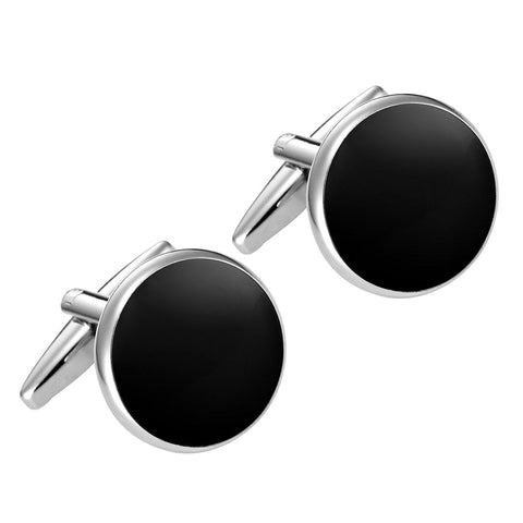 Urban Jewelry Formal Black Cufflinks with Shiny Stainless Steel Silver Trimming