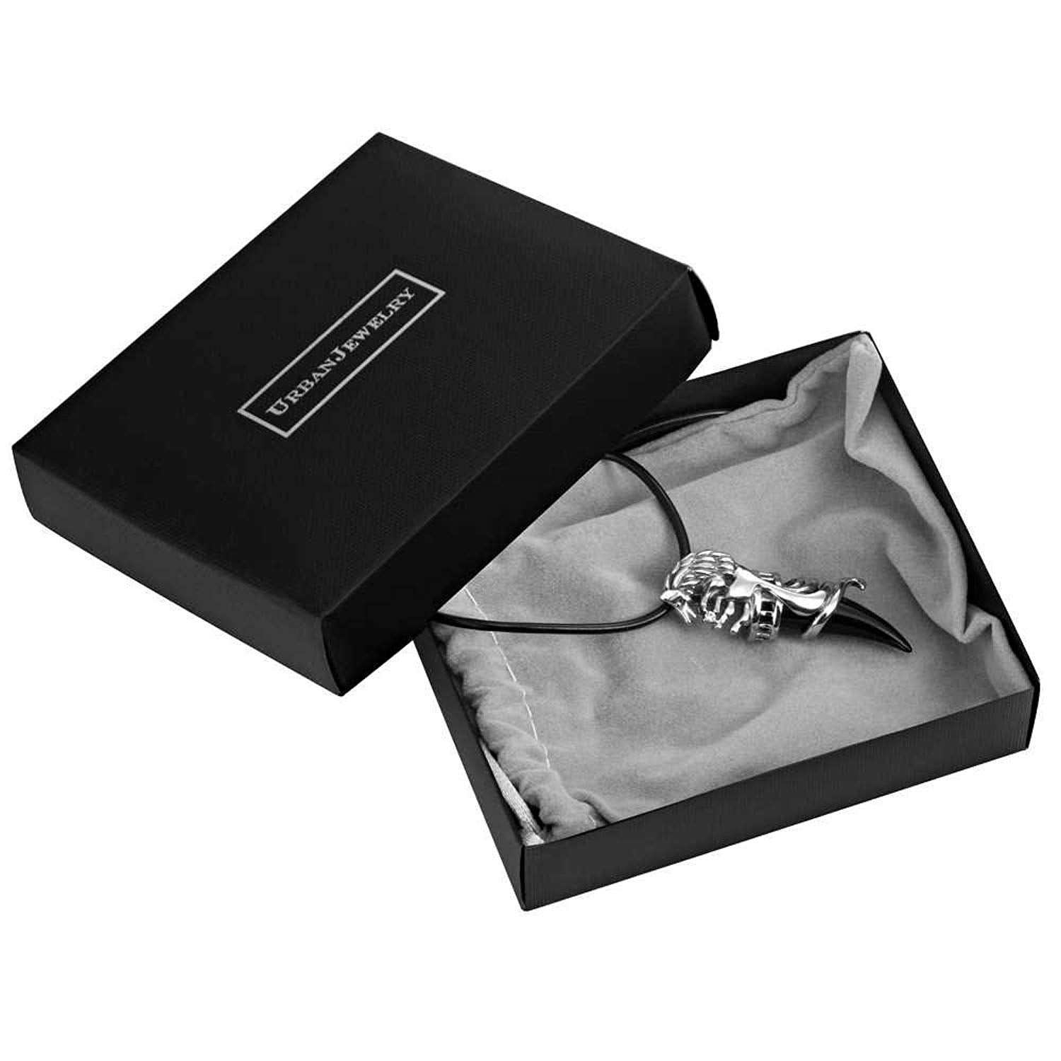 Wolf Mens Tribal Stainless Steel Silver Necklace Pendant 19" Leather Chain (Infinity Black)