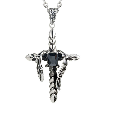 Vintage Royalty Cross Stainless Steel Black Cubic Zirconia Necklace Pendant (Silver, 21 inch Chain)