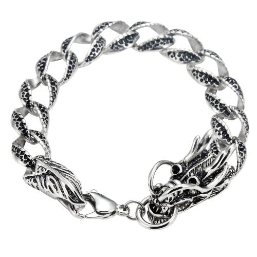 Vintage Style Dragon Link Stainless Steel Men Bracelet 8.2 Inch (Silver, Black)