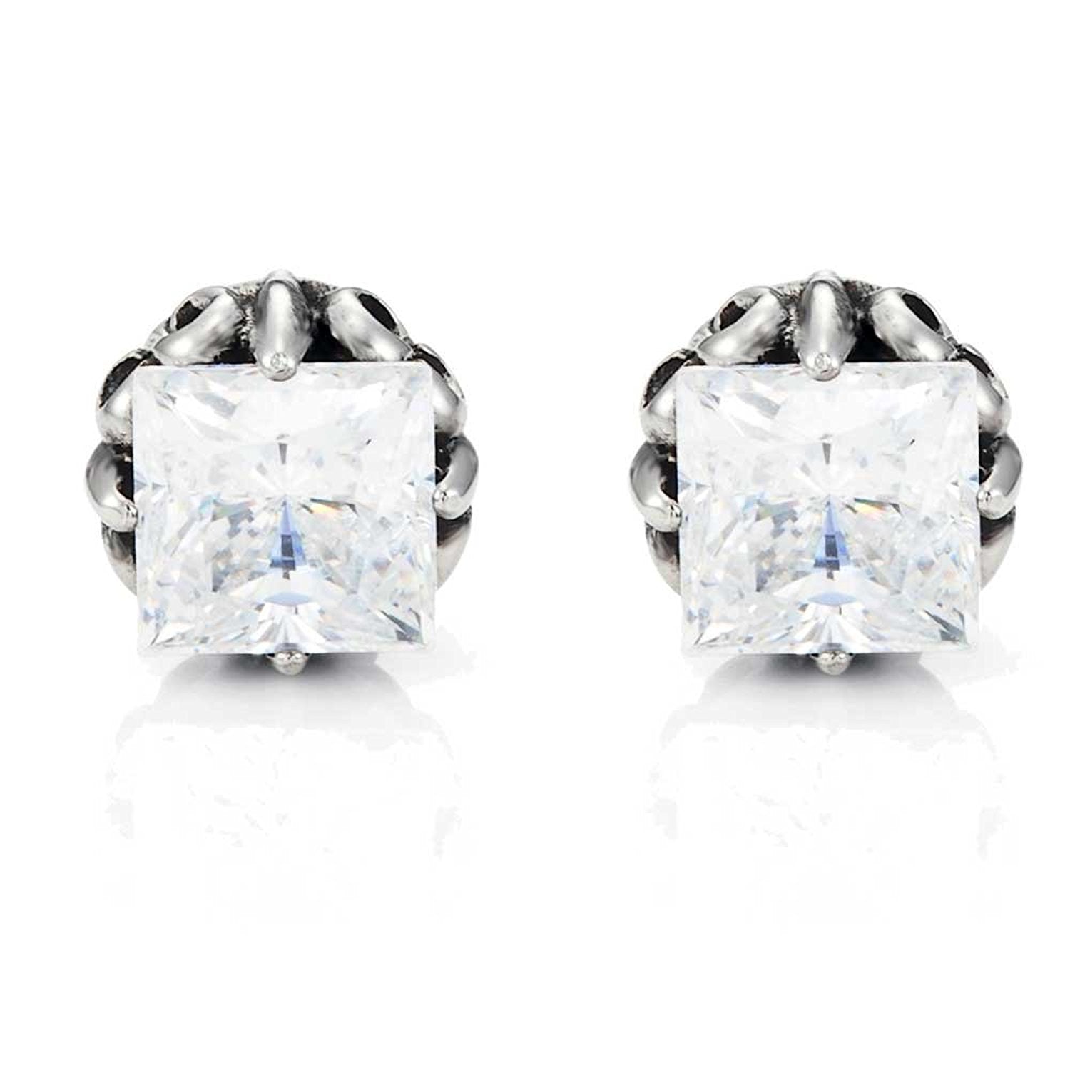 Vintage Men's Stud Earrings Stainless Steel Rectangular Cubic Zirconia,(Silver, Black, Clear CZ)