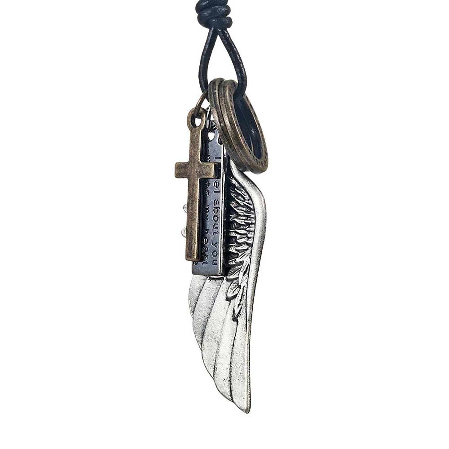 Vintage Angel Wing Mens Cross Pendant Adjustable Length Leather Necklace