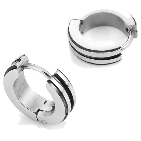 Men's 316L Stainless Steel Two Tone Hoop Huggie Earrings with Black IP 10mm