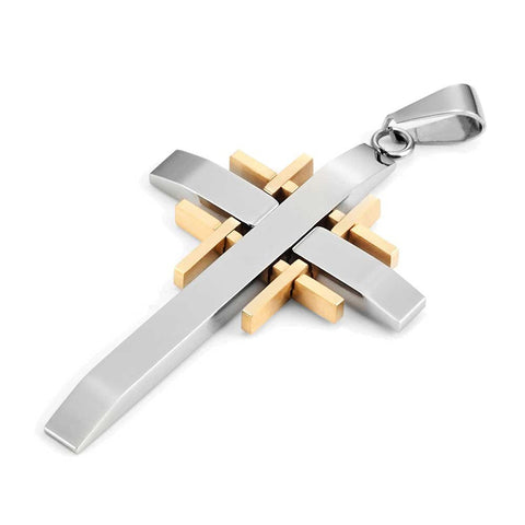 Urban Jewelry Mens Polished 2-Tone Stainless Steel Cross Necklace Pendant 21" Chain (Gold, Silver)