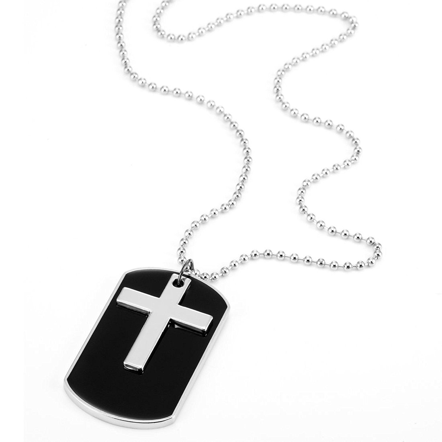 Urban Jewelry Unique Army Style Black Dog Tag Silver Cross Pendant Mens Necklace, 30 inch Adjustable Chain