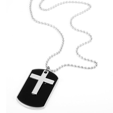 Urban Jewelry Unique Army Style Black Dog Tag Silver Cross Pendant Mens Necklace, 30 inch Adjustable Chain