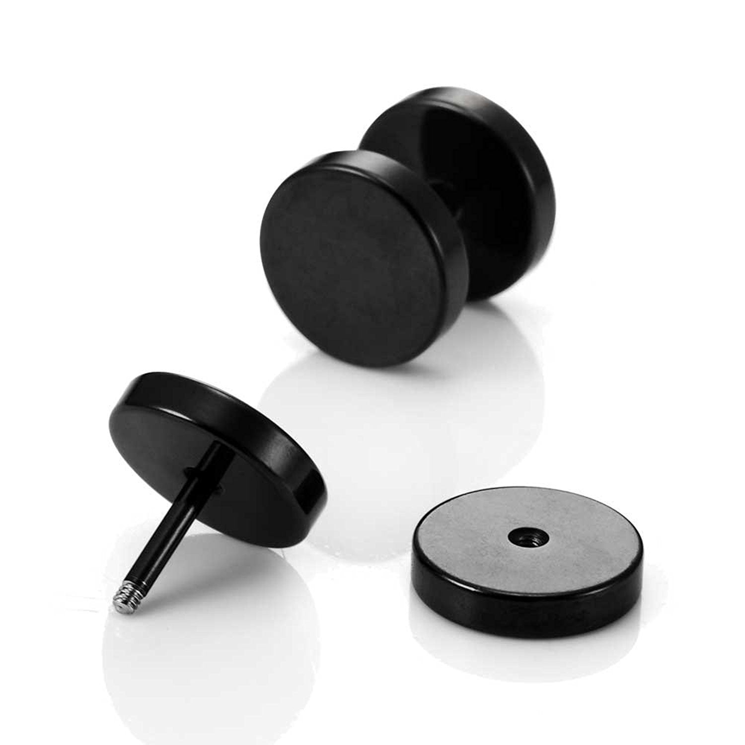 Stainless Steel Men's Stud Earrings Round Barbell Screw Back Ear Set, 2pcs, Color Black, 10mm