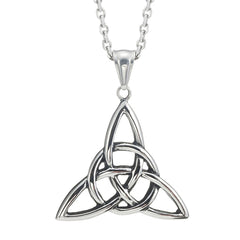 Vintage Stainless Steel Irish Triquetra Celtic Knot Amulet Pendant Necklace Black Silver Color, 21" Chain