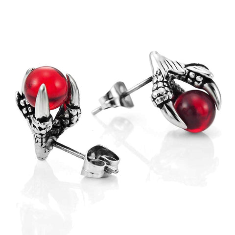 Vintage Stainless Steel Dragon Claw Mens Stud Earrings Set, 2pcs, Color Silver Red