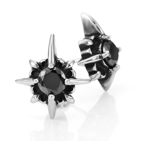 Beautiful Mens Star Stud Earrings Stainless Steel Silver, Black Cubic Zirconia (with Branded Gift Box)