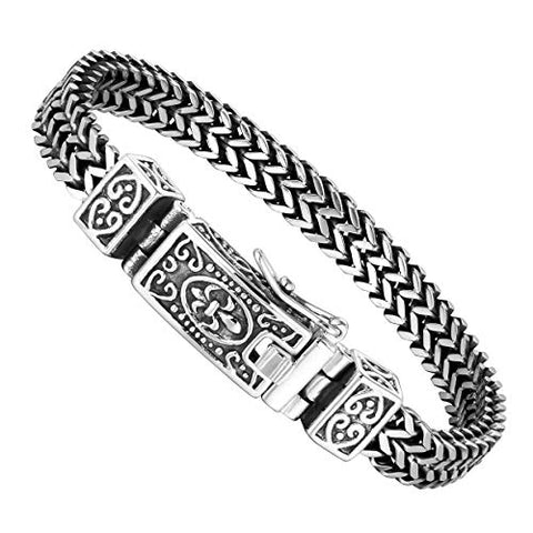 Stunning Men’s Bracelet – Silver Finish Foxtail Chain with Fleur de Lis Ornament – Rust & Discoloration Resistant Stainless Steel Chain – Jewelry Gift or Accessory for Men