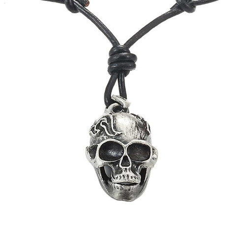 Men's Vintage Biker Style Skull Adjustable Black Genuine Leather Necklace
