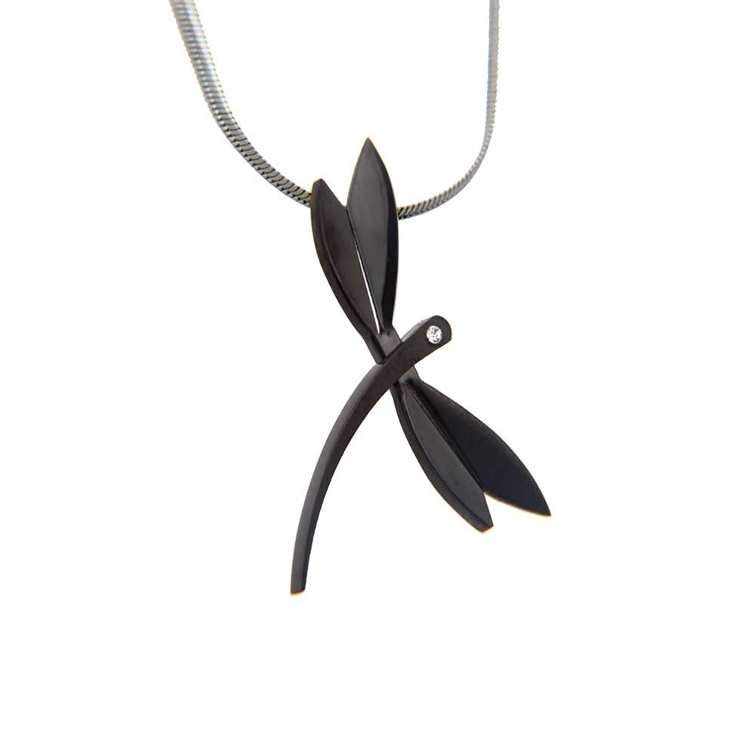 Good Luck Women Cubic Zirconia Stainless Steel Dragonfly Pendant Chain Necklace 18" (Black, Silver)