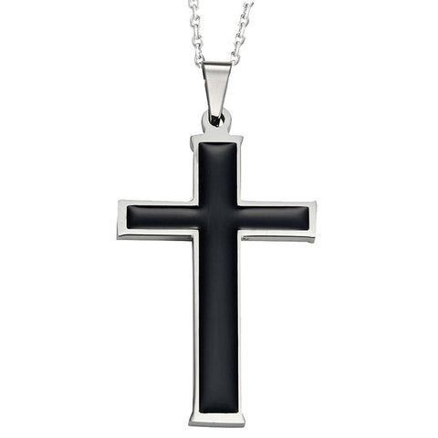 Mens Polished Stainless Steel Black Silver Necklace Cross Pendant 21" inches Chain
