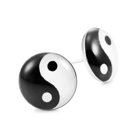 Chic Unisex Yin and Yang Stainless Steel Silver Stud Earrings, Color Black and White
