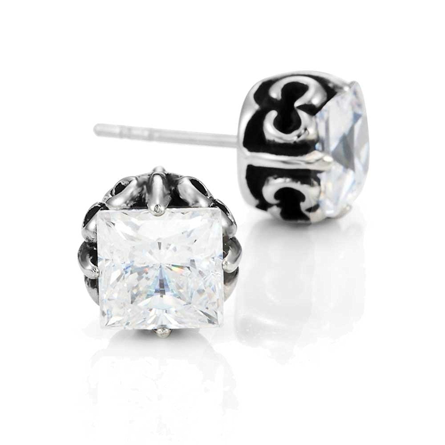 Vintage Men's Stud Earrings Stainless Steel Rectangular Cubic Zirconia,(Silver, Black, Clear CZ)
