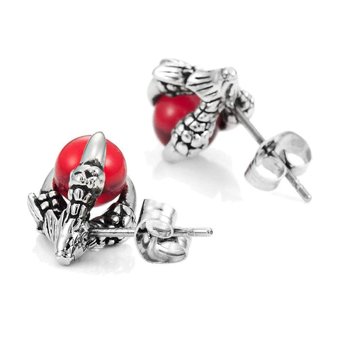 Vintage Stainless Steel Dragon Claw Mens Stud Earrings Set, 2pcs, Color Silver Red