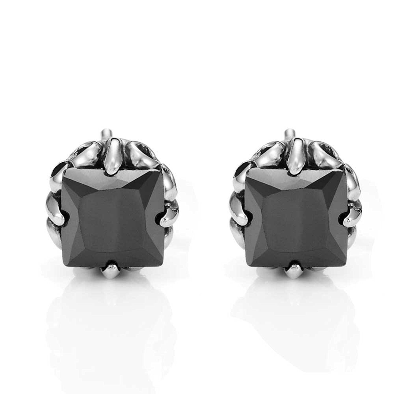 Vintage Men's Stud Earrings Stainless Steel Rectangular Cubic Zirconia (Silver, Black, 10mm)
