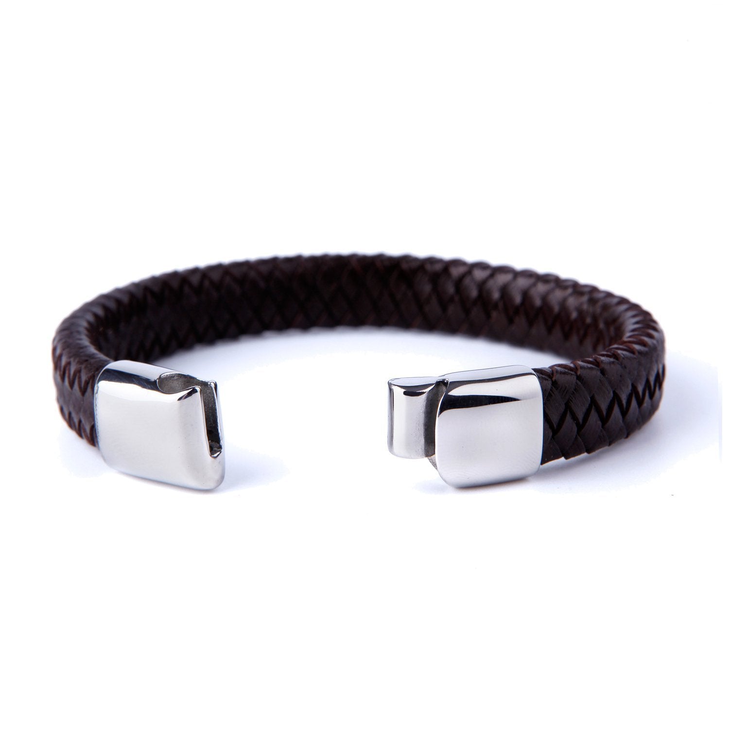 Urban Jewelry Men's Deep Brown Braided Genuine Leather Cuff Bracelet with Elegant 316L Stainless Steel Clasp