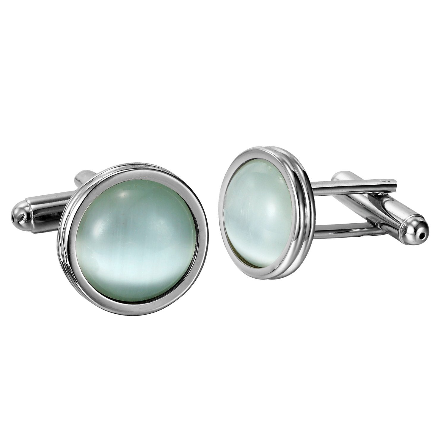 Urban Jewelry Stunning Round Blue Created-Opal and Stainless Steel Cufflinks for Men (Silver)
