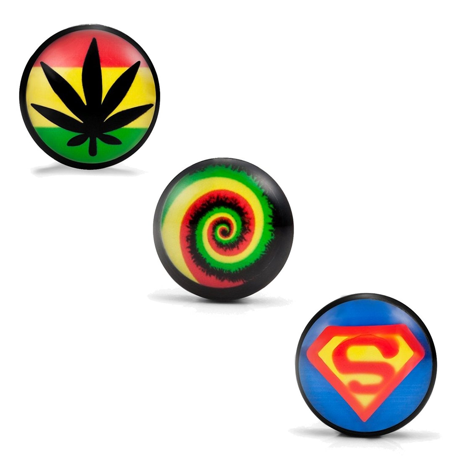 Mens Stainless Steel Stud Earrings 3 Pairs Set with Acrylic Hemp, Rasta Swirl and Superman Designs
