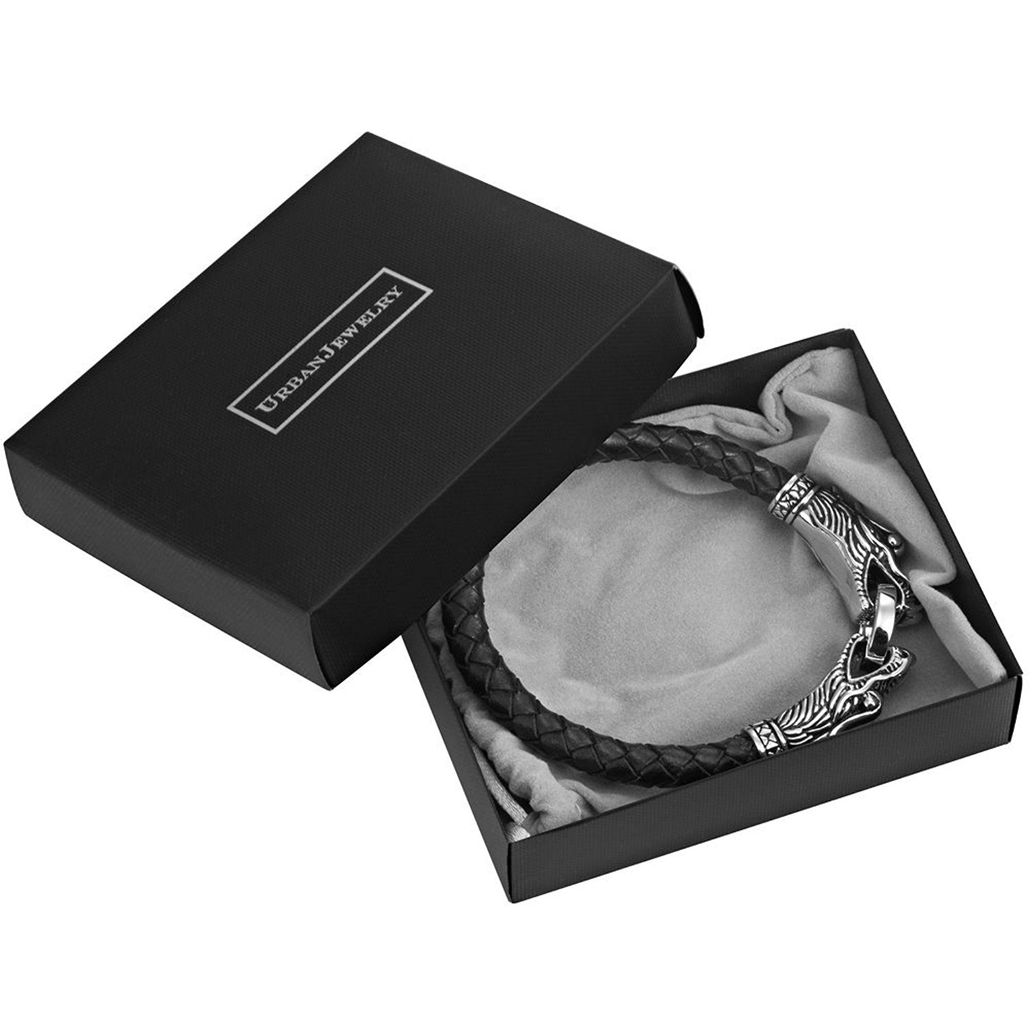 Leather Mens Bracelet 8 1/2 Inches with Locking Stainless Steel Dragon Head Clasp, Black Silver
