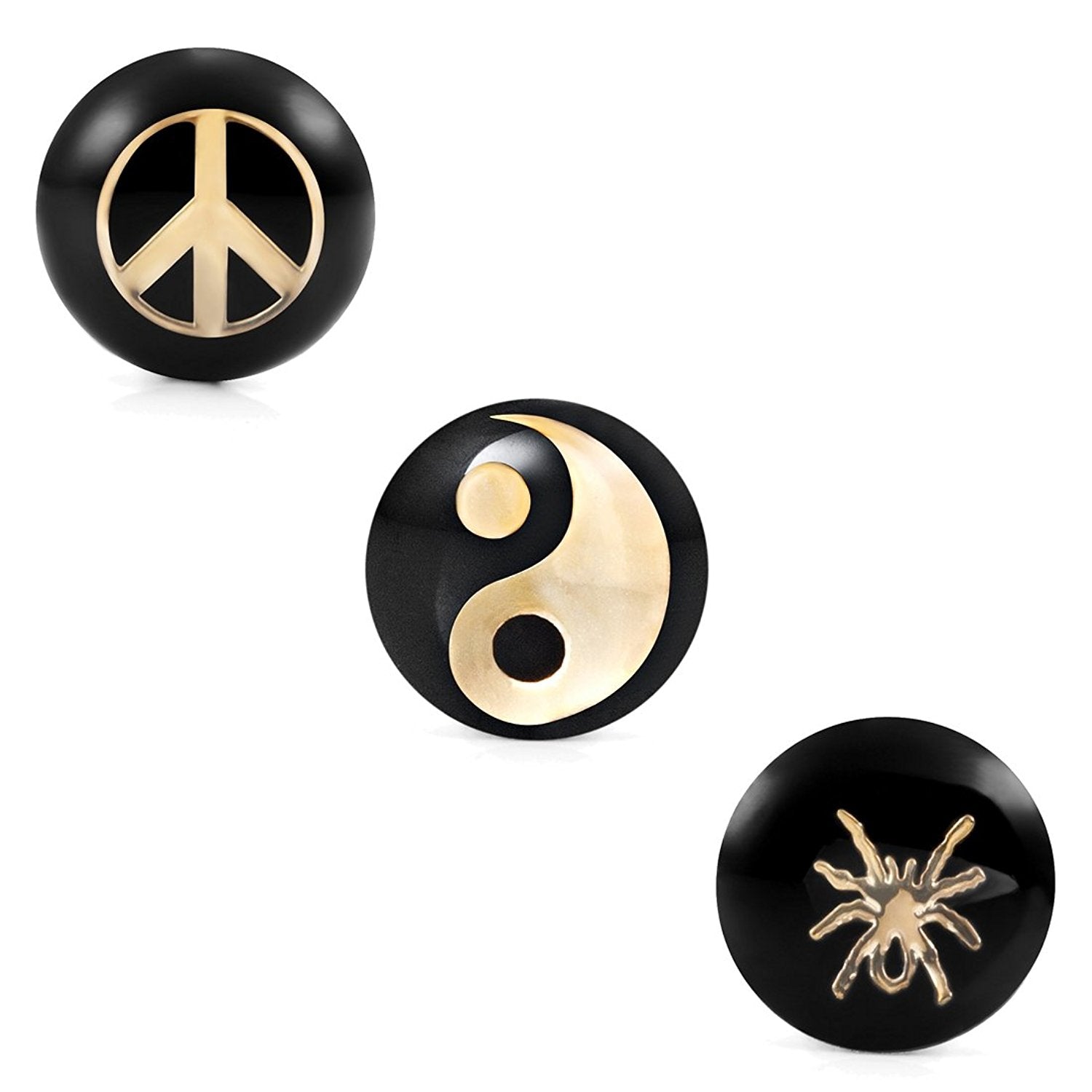 Mens Stainless Steel Stud Earrings 3 Pairs Set with 8mm Peace, Yin & Yang and Spider Symbol Designs