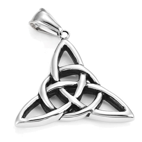 Vintage Stainless Steel Irish Triquetra Celtic Knot Amulet Pendant Necklace Black Silver Color, 21" Chain