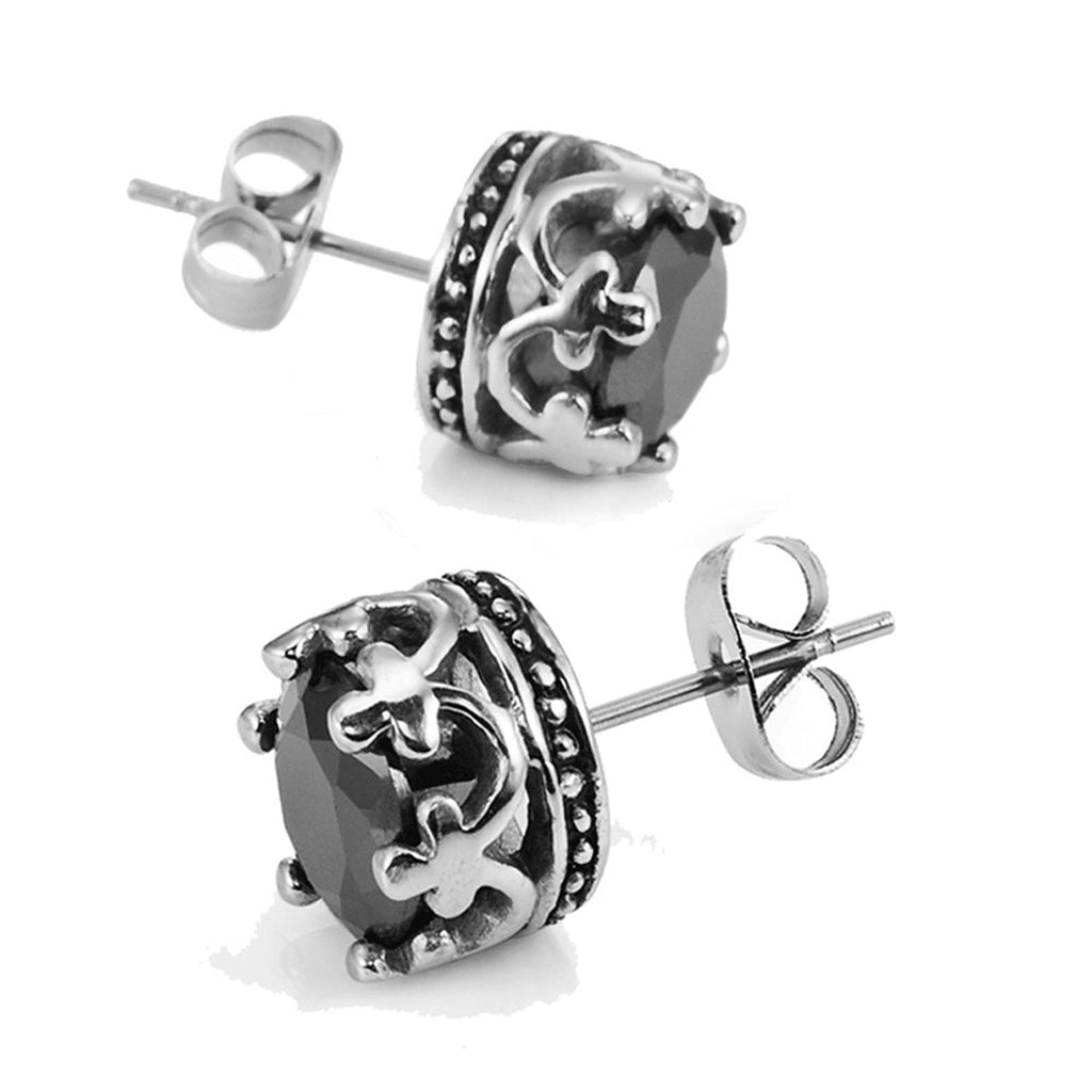 2pcs Cubic Zirconia Crown Ear Studs - Stainless Steel For Men & Women
