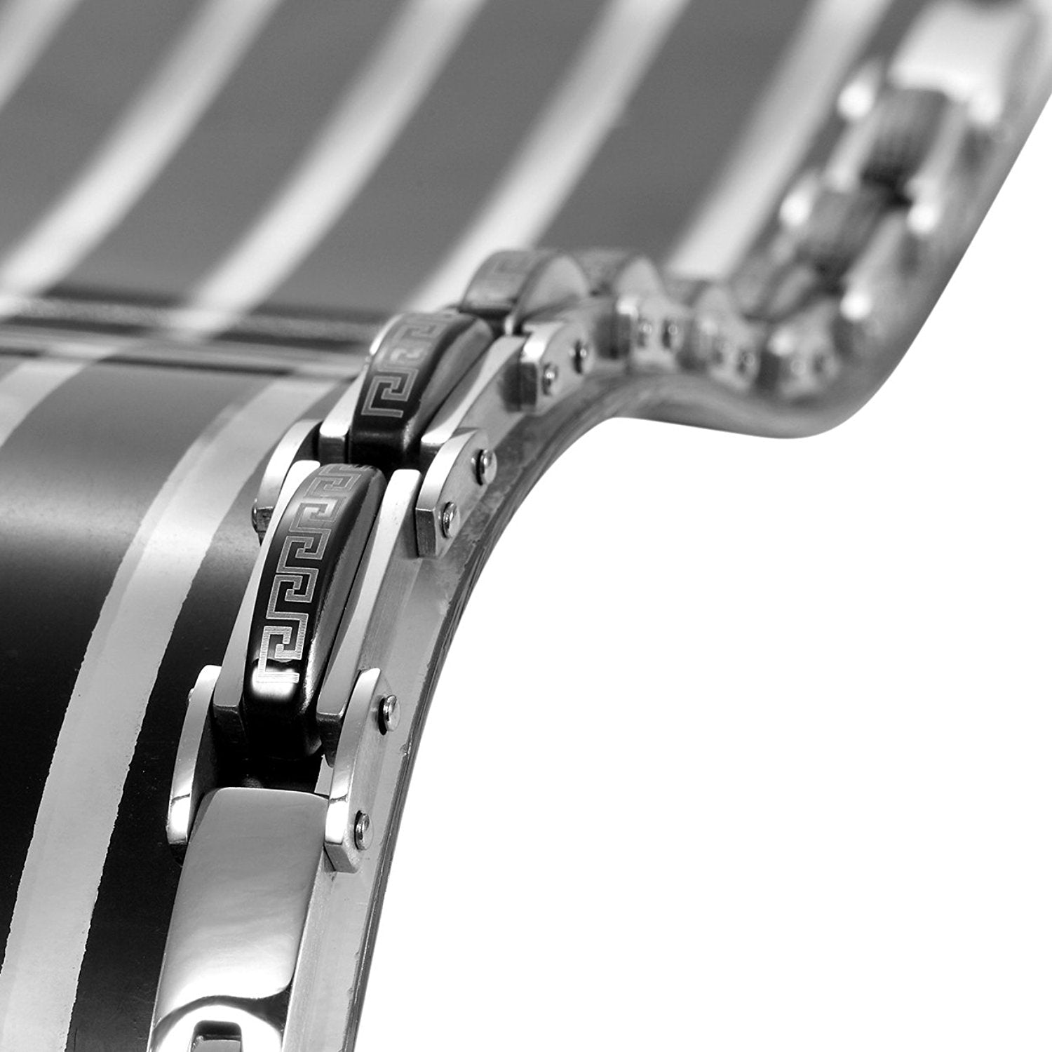 Industrial Greek Pattern 316L Stainless Steel Link Cuff Bracelet for Men (Black, Silver)
