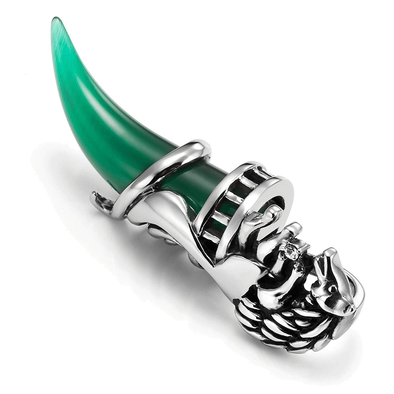 Wolf Tribal Men's Stainless Steel Necklace Pendant 19" Leather Chain (Silver, Green)