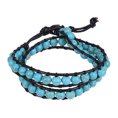 Trendy Women synthetic-turquoise Beads Wrap Genuine Leather Bracelet
