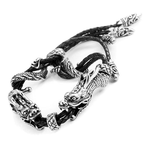 Stunning Genuine Leather Stainless Steel Double Dragon Bracelet (Adjustable, Black, Silver)