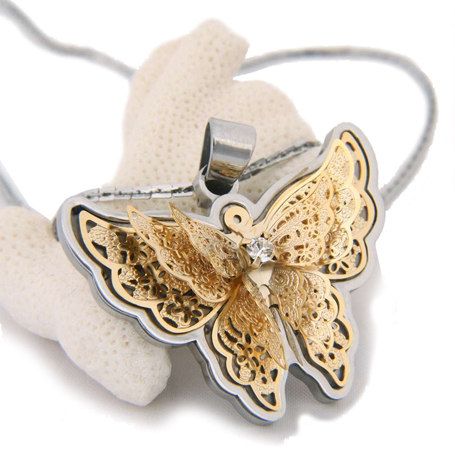 Amazing Butterfly Pendant Cubic Zirconia Stainless Steel Chain Necklace 20" Womens Jewelry