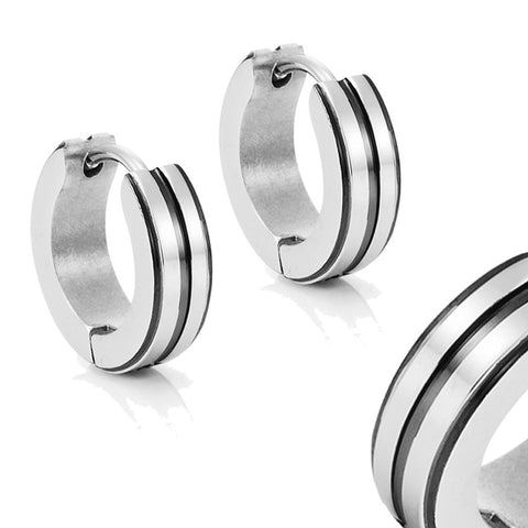 Men's 316L Stainless Steel Two Tone Hoop Huggie Earrings with Black IP 10mm