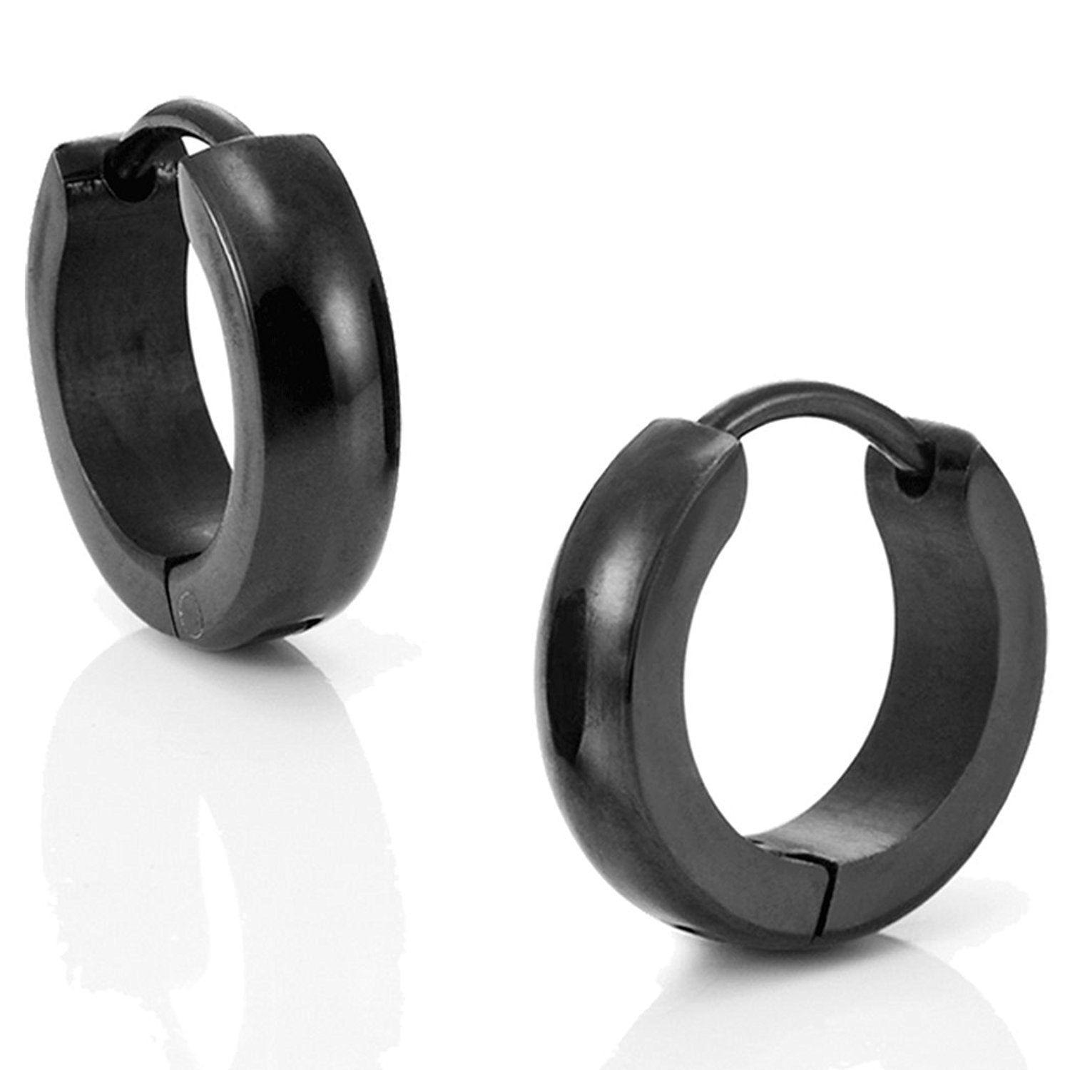 Mens Black Stainless Steel Hinged Hoop Earrings 10mm (with Branded Gift Box)