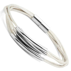 Stylish White Genuine Leather Cuff Bracelet with Strong Magnetic Clasp (Silver Color)