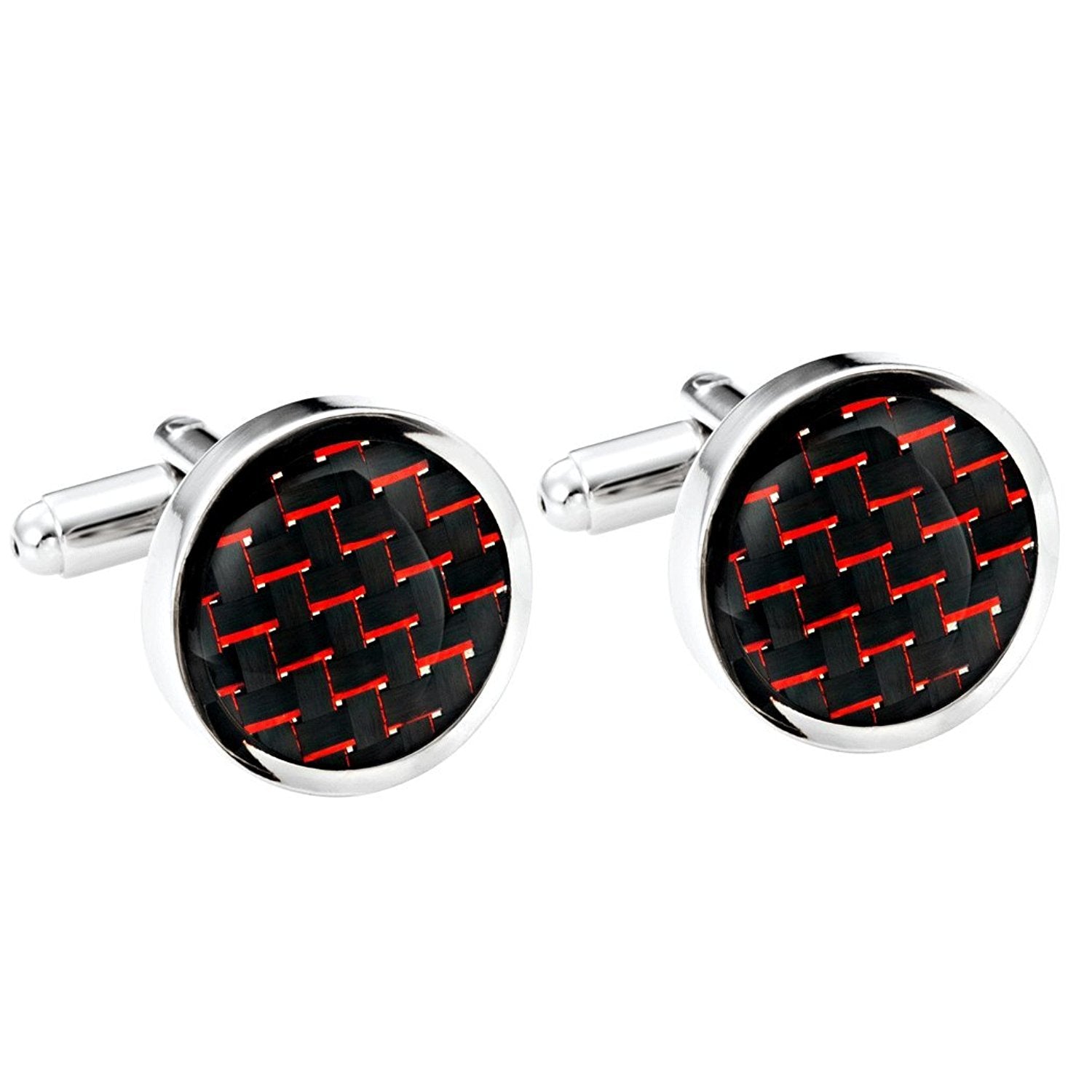 Titanium Men's Cufflinks Black and Red Carbon Fiber Round Polished