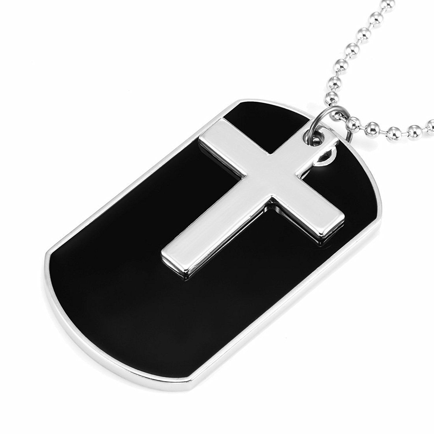 Urban Jewelry Unique Army Style Black Dog Tag Silver Cross Pendant Mens Necklace, 30 inch Adjustable Chain