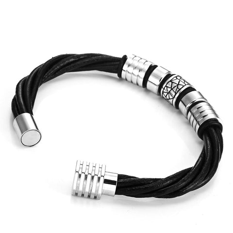 Trendy Black Genuine Leather Biker Mens Bracelet with Magnetic Stainless Steel Clasp, 8"