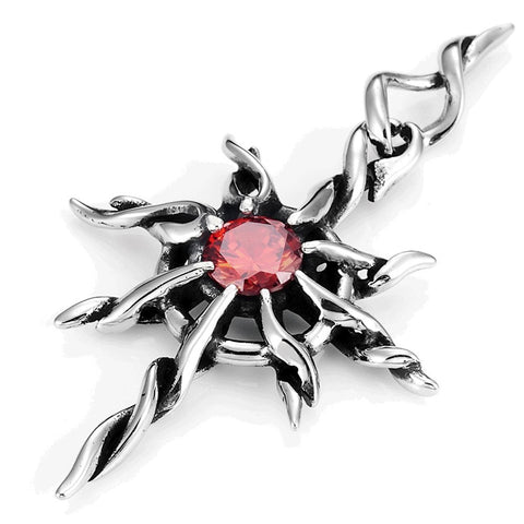 Vintage Sun-God Men's Necklace Pendant Stainless Steel (Silver, Red, 21 inch Chain)