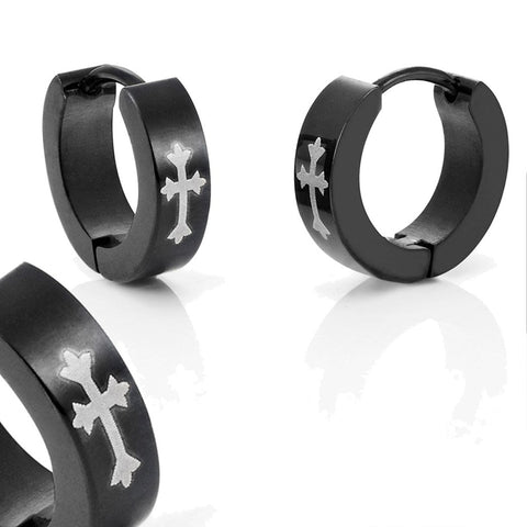 Stainless Steel Cross Design Huggie Hoop Earrings - Various Designs, Black, 10mm (With Branded Gift Box)