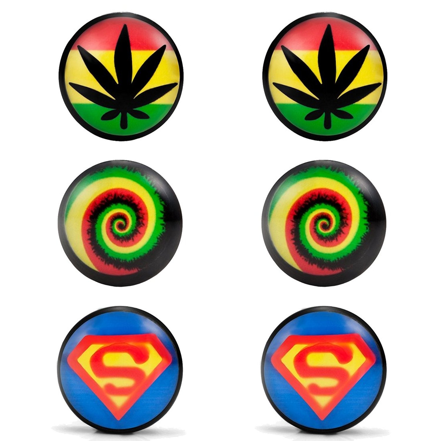 Mens Stainless Steel Stud Earrings 3 Pairs Set with Acrylic Hemp, Rasta Swirl and Superman Designs