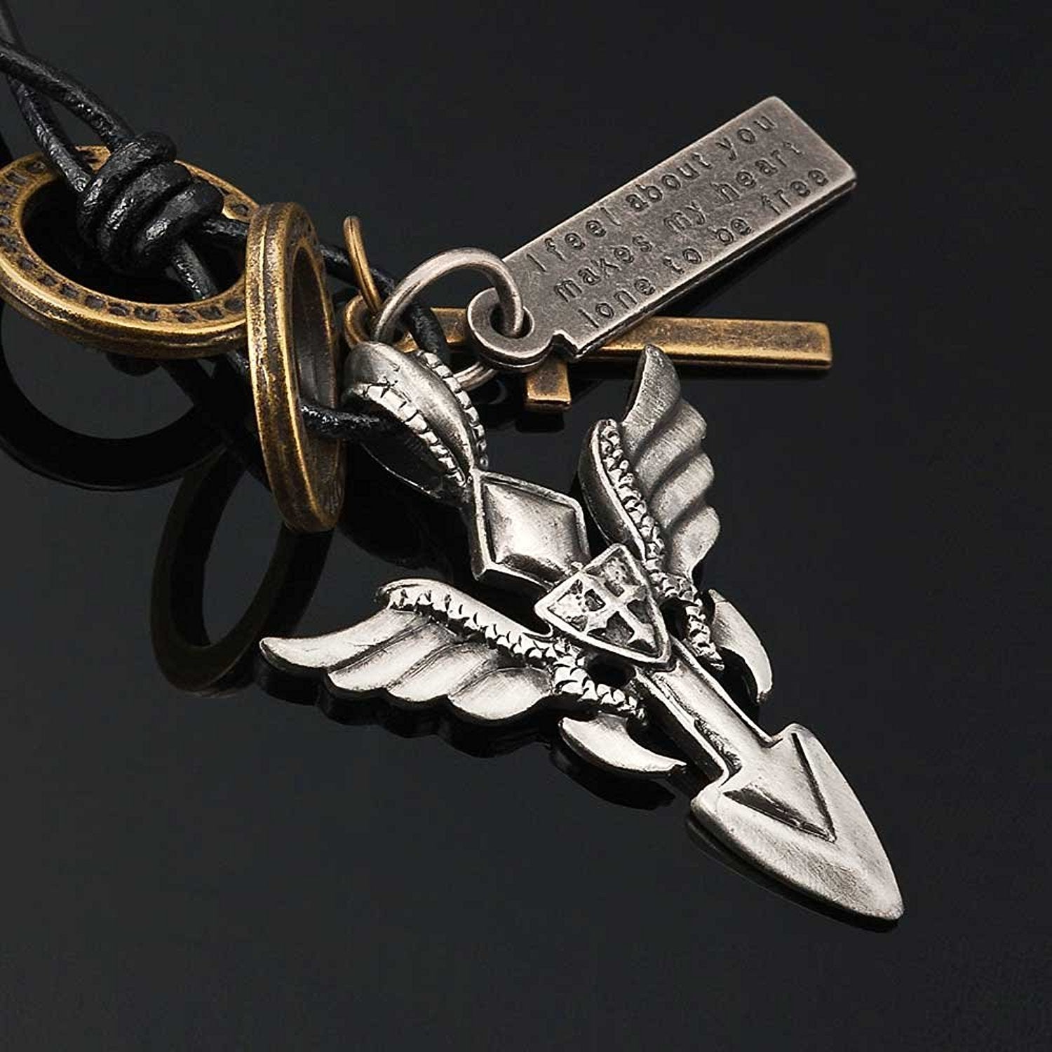 Vintage Royalty Angel's Wing Shield Cross Men's Leather Necklace