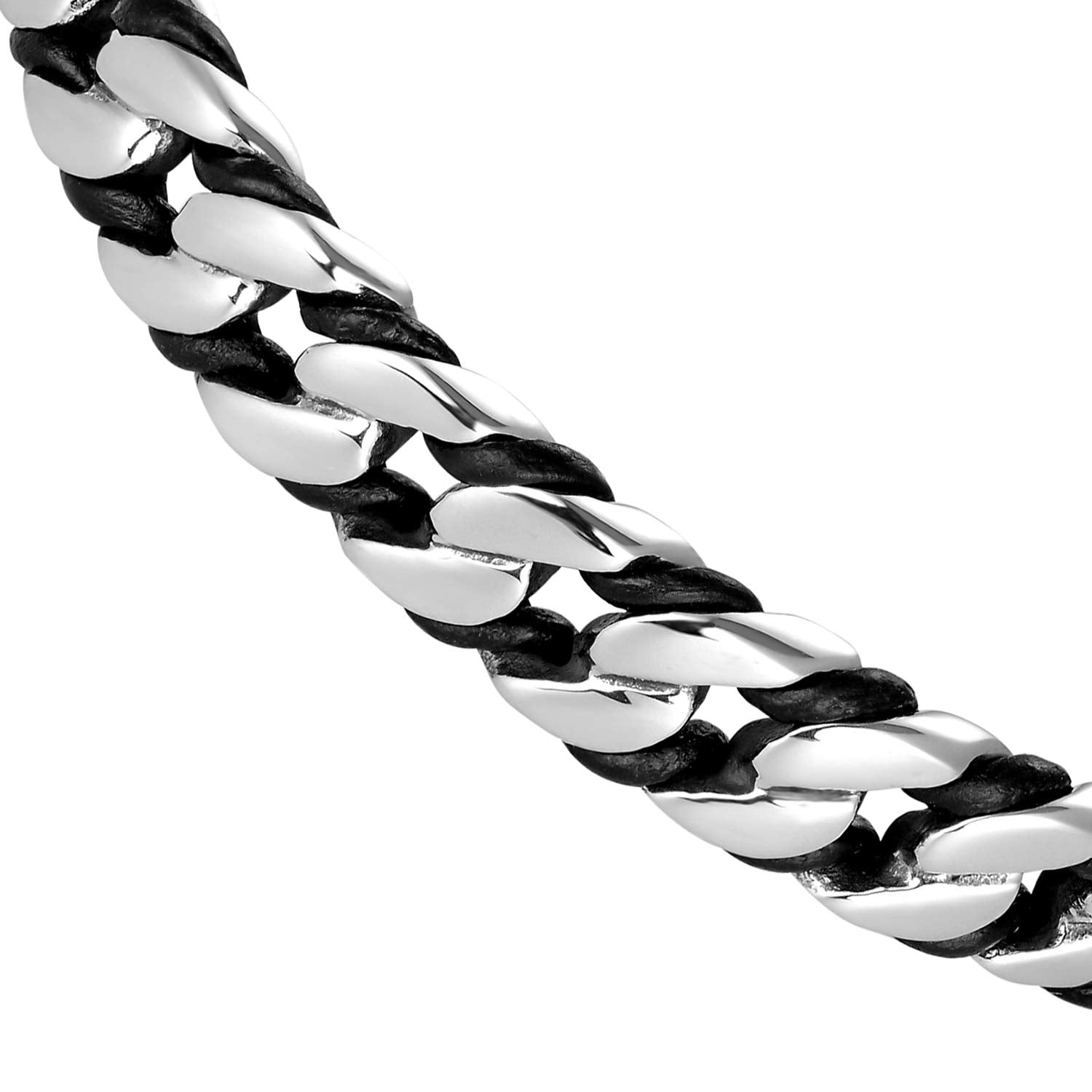 Bold Men’s Biker Bracelet – Death’s Skull Design in a Polished Silver Finish Band – Rust & Discoloration Resistant Stainless Steel with Black Genuine Leather Detail– Jewelry Gift for Men
