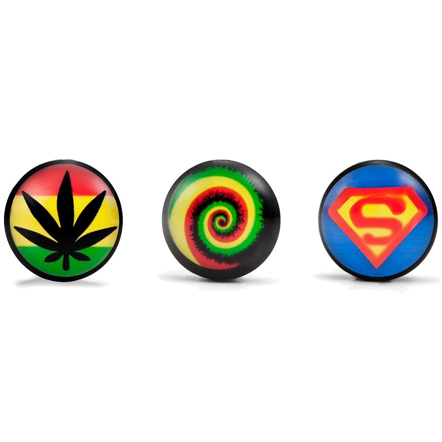 Mens Stainless Steel Stud Earrings 3 Pairs Set with Acrylic Hemp, Rasta Swirl and Superman Designs