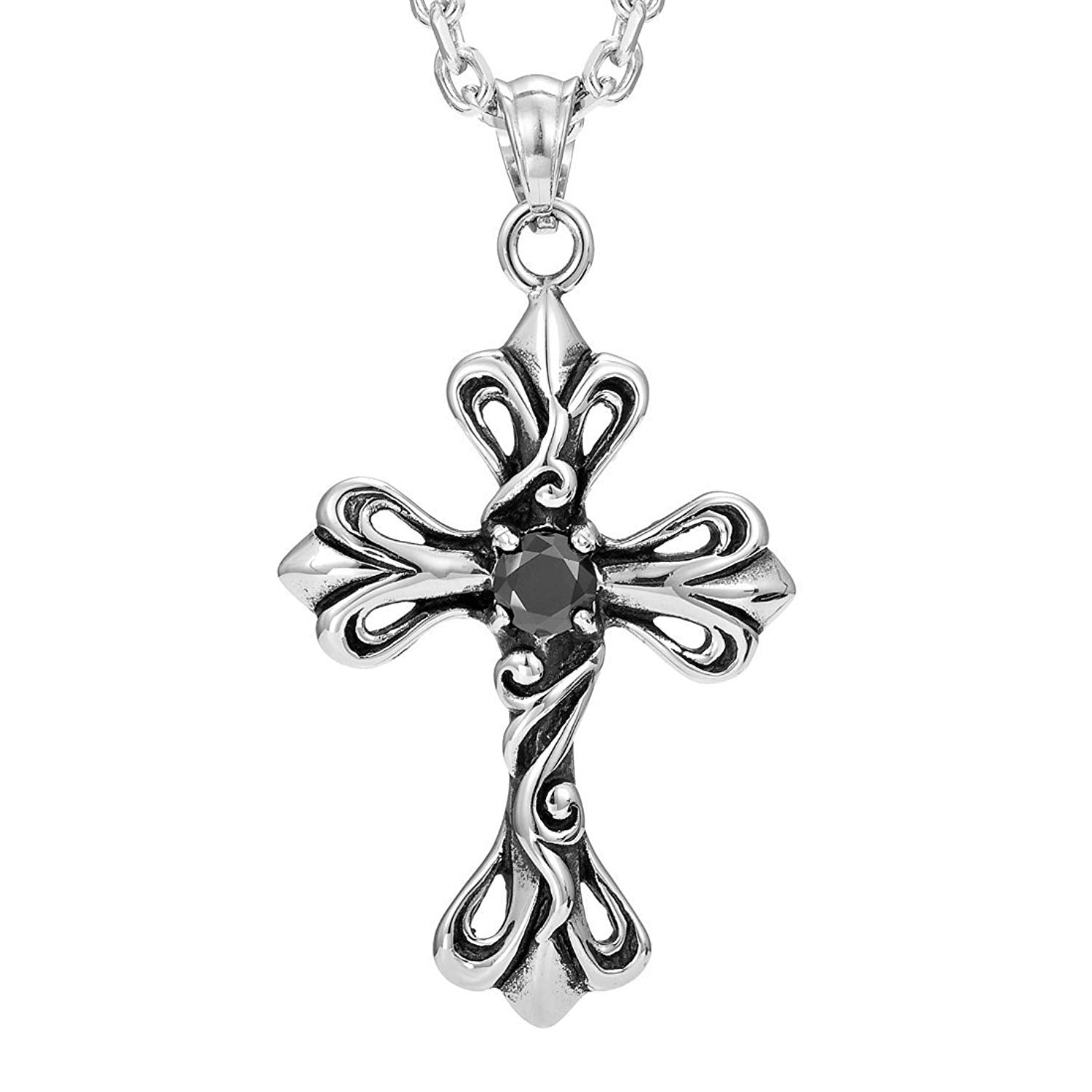 Urban Jewelry Vintage Royalty Celtic Shield Cross Necklace Pendant, Cubic Zirconia Silver Black