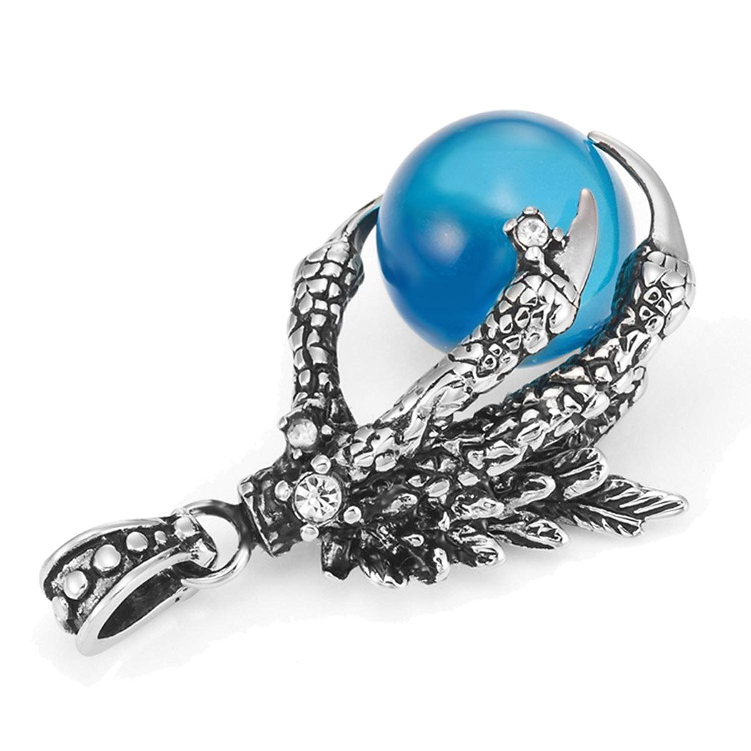 Men's Gothic Biker Tribal Stainless Steel Dragon Claw Pendant Necklace, Blue, Black Silver, 21" Chain
